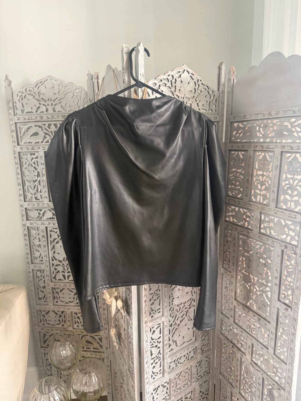 Express Womens black faux leather puff sleeve top